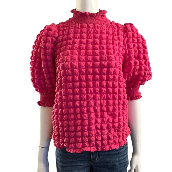 English Factory Mock Neck Popcorn Textured Knit Bubble Sleeve Top XS Pink - Picture 3 of 12